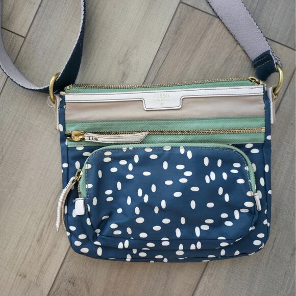 Fossil Crossbody Blue/Green Polka Dot Adjustable Strap PVC Coated Bag - Picture 3 of 12
